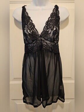 AvidLove Black Floral Lace Mesh Babydoll Chemise Large NWOT
